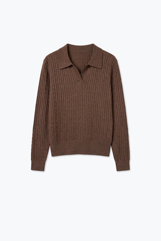 Camel Merino Wool Blend Ribbed Cable Knit Open Polo Collar Sweater - Polos