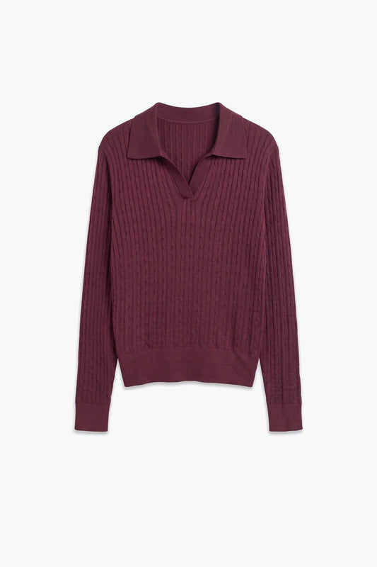Purple Merino Wool Blend Cable Knit Polo Collar V Neck Sweater - Polos