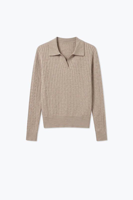 Fango Merino Wool Blend Cable Knit Open Polo Collar Ribbed Trim Sweater - Polos