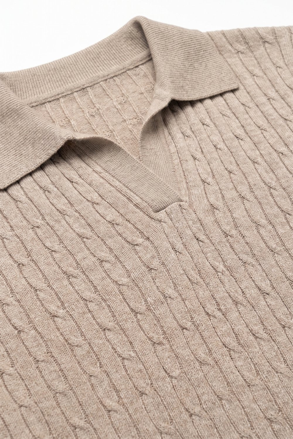 Fango Merino Wool Blend Cable Knit Open Polo Collar Ribbed Trim Sweater - Polos