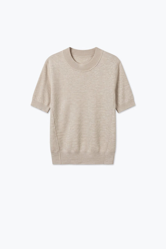 Beige Merino Wool Blend Fine Knit Ribbed Short Sleeve sweater - Jumpers