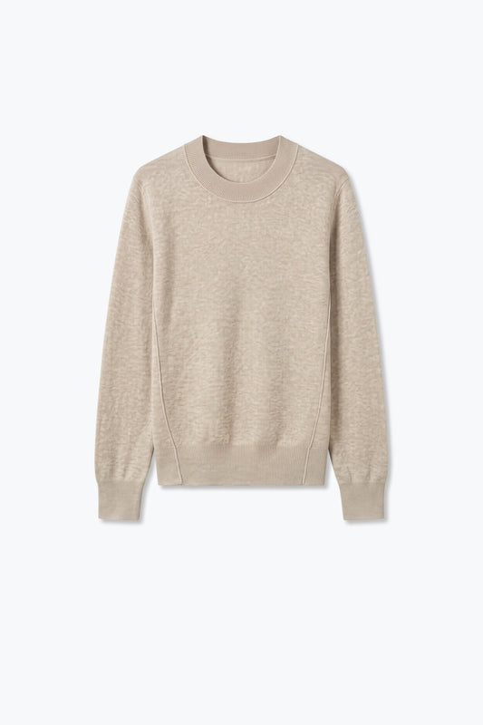Beige Merino Wool Blend Fine Knit Crew Neck Ribbed Trim Sweater - Jumpers