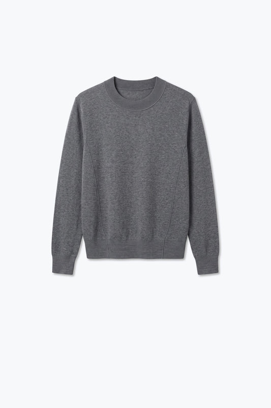Grey Merino Wool Blend Fine Knit long sleeves Ribbed Trim Sweater - Jumpers