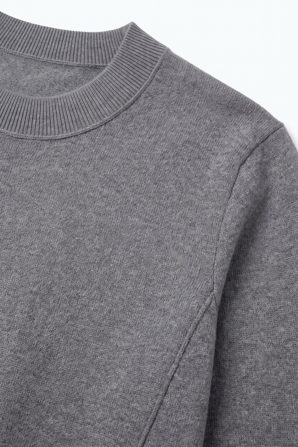 Grey Merino Wool Blend Fine Knit long sleeves Ribbed Trim Sweater - Jumpers
