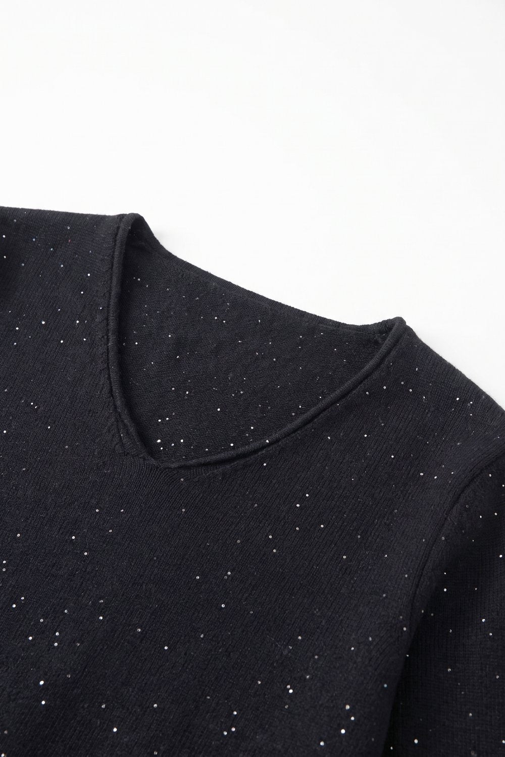 Black Glitter Fine Knit V Neck Ribbed Trim Sweater with sequins embellished - Jumpers