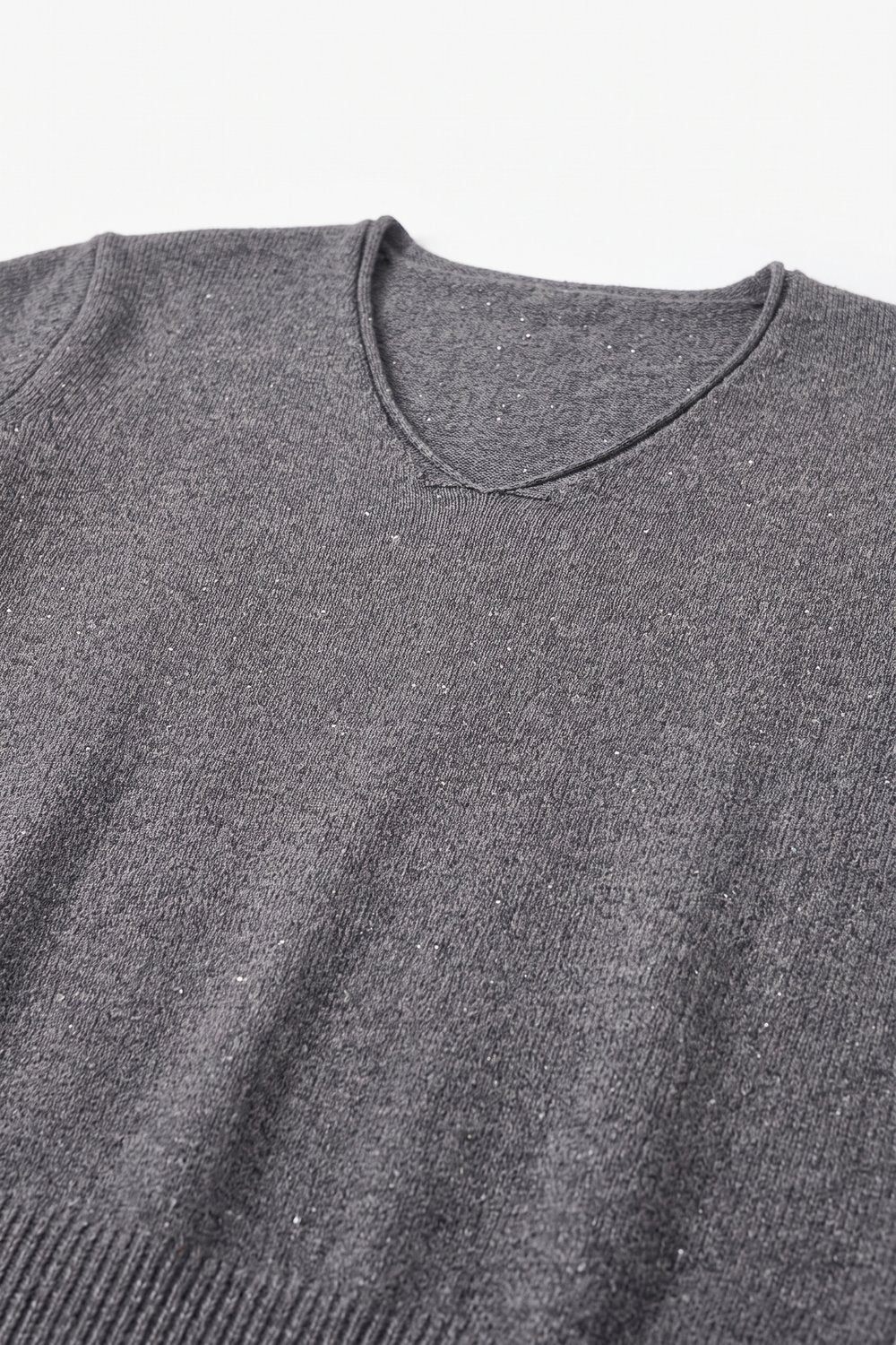 Grey Fine Knit V Neck Ribbed Trim Sweater with sequins embellished - Jumpers