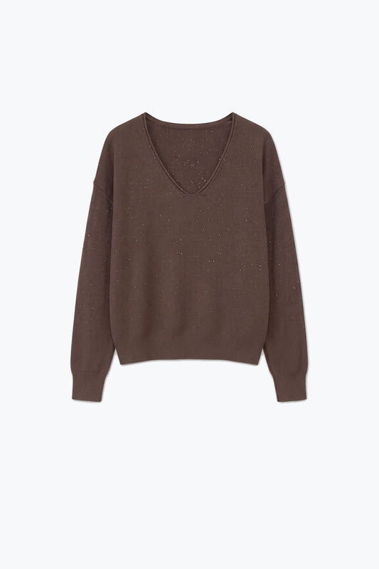 Brown Glitter Soft Knit V Neck Ribbed Trim Sweater - Jumpers