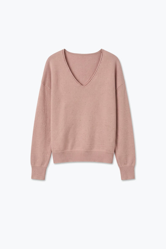 Light Pink Glitter Fine Knit V Neck Ribbed Trim Sweater - Jumpers