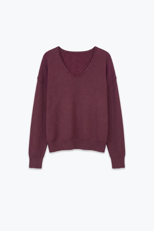 purple Glitter Fine Knit V Neck Ribbed Trim Sweater with sequins embellished - Jumpers