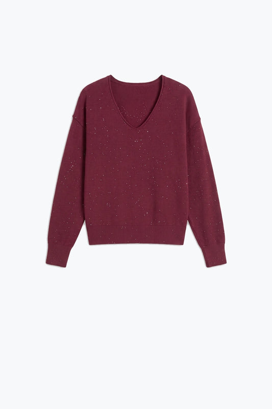 wine Glitter Fine Knit V Neck Ribbed Trim Sweater with sequins embellished - Jumpers