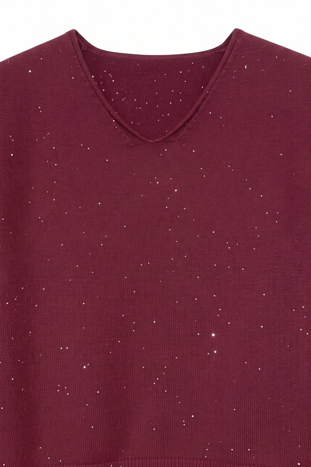 wine Glitter Fine Knit V Neck Ribbed Trim Sweater with sequins embellished - Jumpers