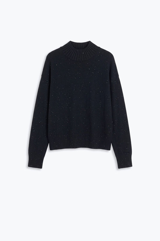 Black Embellished Sequin Soft Knit Ribbed Mock Neck Sweater - Jumpers