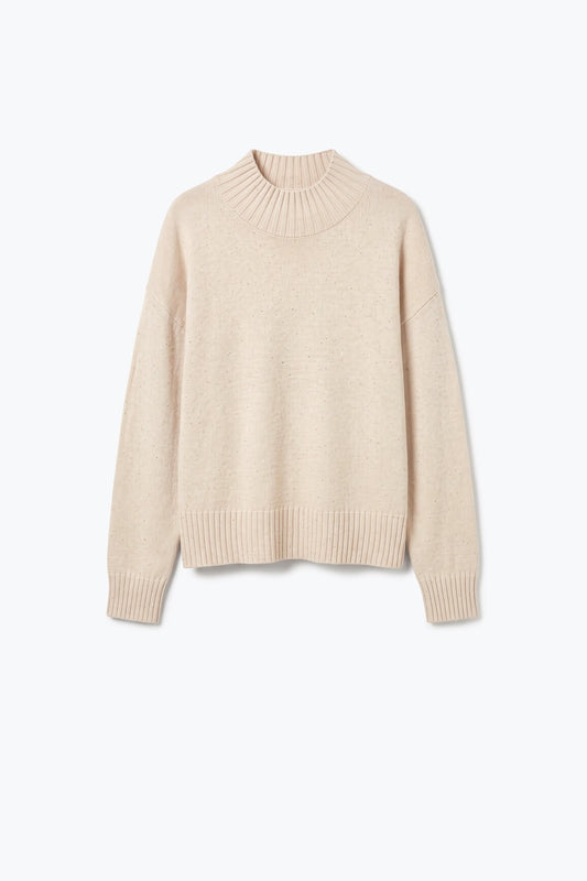 Beige Embellished Sequin Fine Knit Ribbed Turtleneck Relaxed Sweater - Jumpers