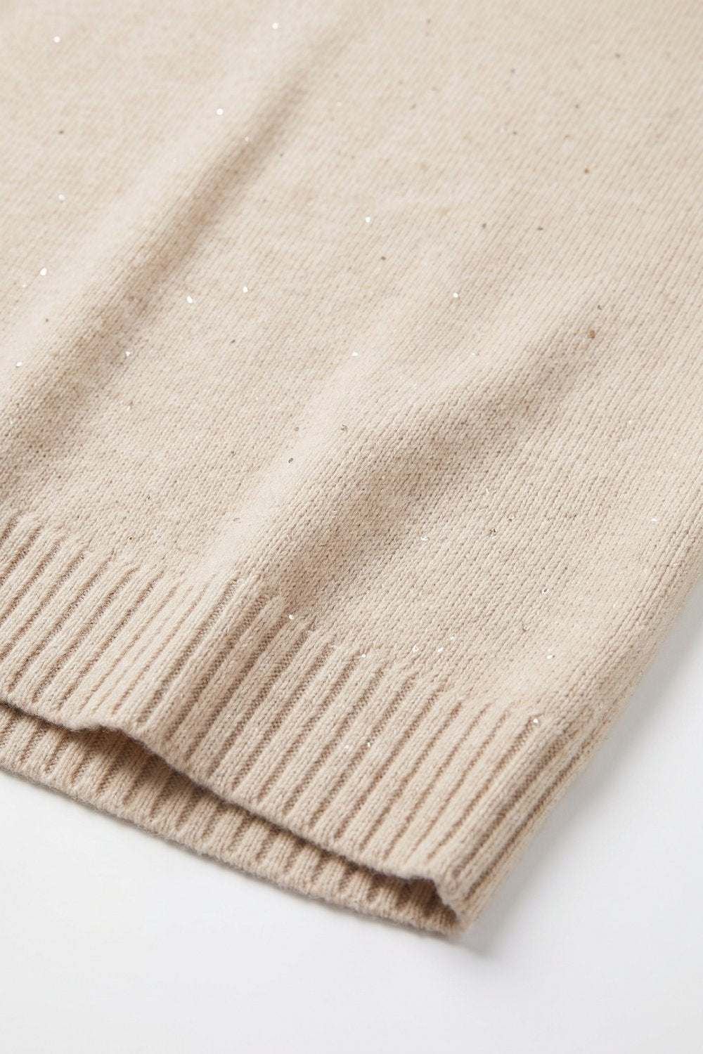 Beige Embellished Sequin Fine Knit Ribbed Turtleneck Relaxed Sweater - Jumpers