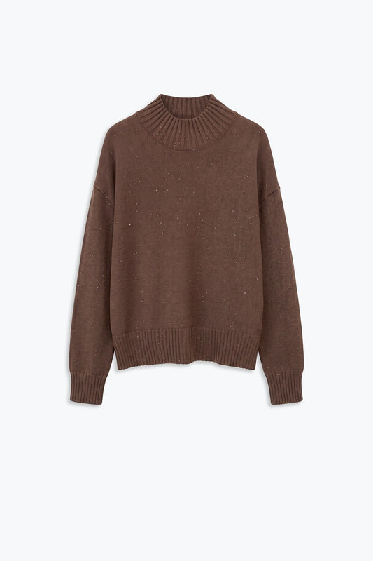 Brown Embellished Sequin Soft Knit Ribbed Mock Neck Sweater - Jumpers