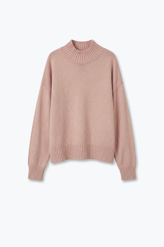 Light Pink Embellished Sequin Soft Knit Ribbed Turtleneck Sweater - Jumpers