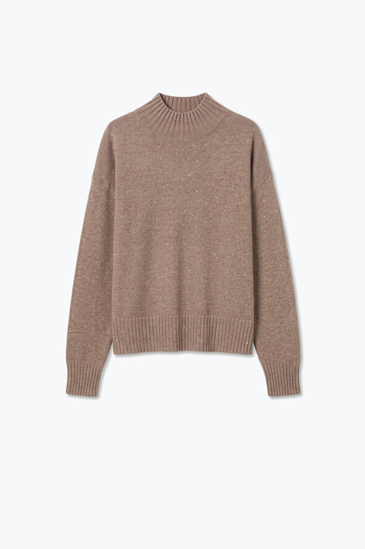 Camel Embellished Sequin Soft Knit Ribbed Trim Mock Neck Sweater - Jumpers