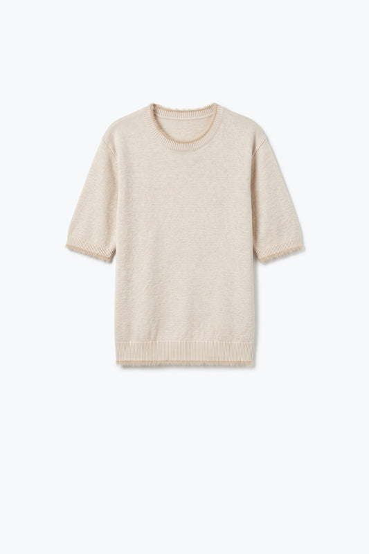 Beige Short Sleeve Crew Neck Sweater with Faux Fur Trim - Tops