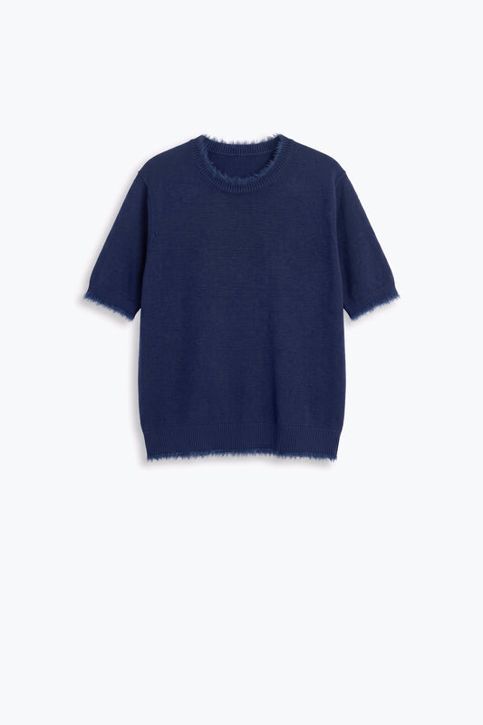 Navy Short Sleeve Crew Neck Sweater with Faux Fur Trim - Tops