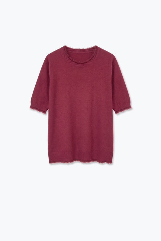 Burgundy Short Sleeve Crew Neck Sweater with Faux Fur Trim - Tops