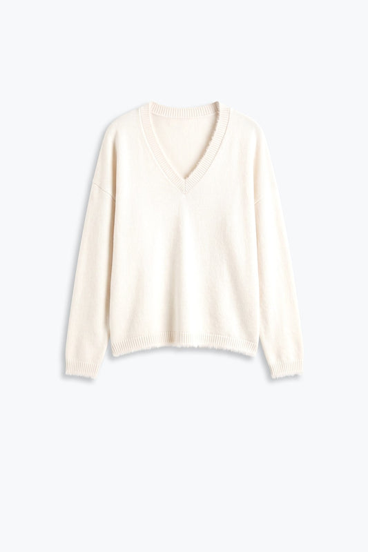 Cream V-Neck Sweater with Faux Fur Trim - Jumpers