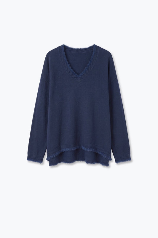 Navy V-Neck Sweater with Faux Fur Trim - Jumpers
