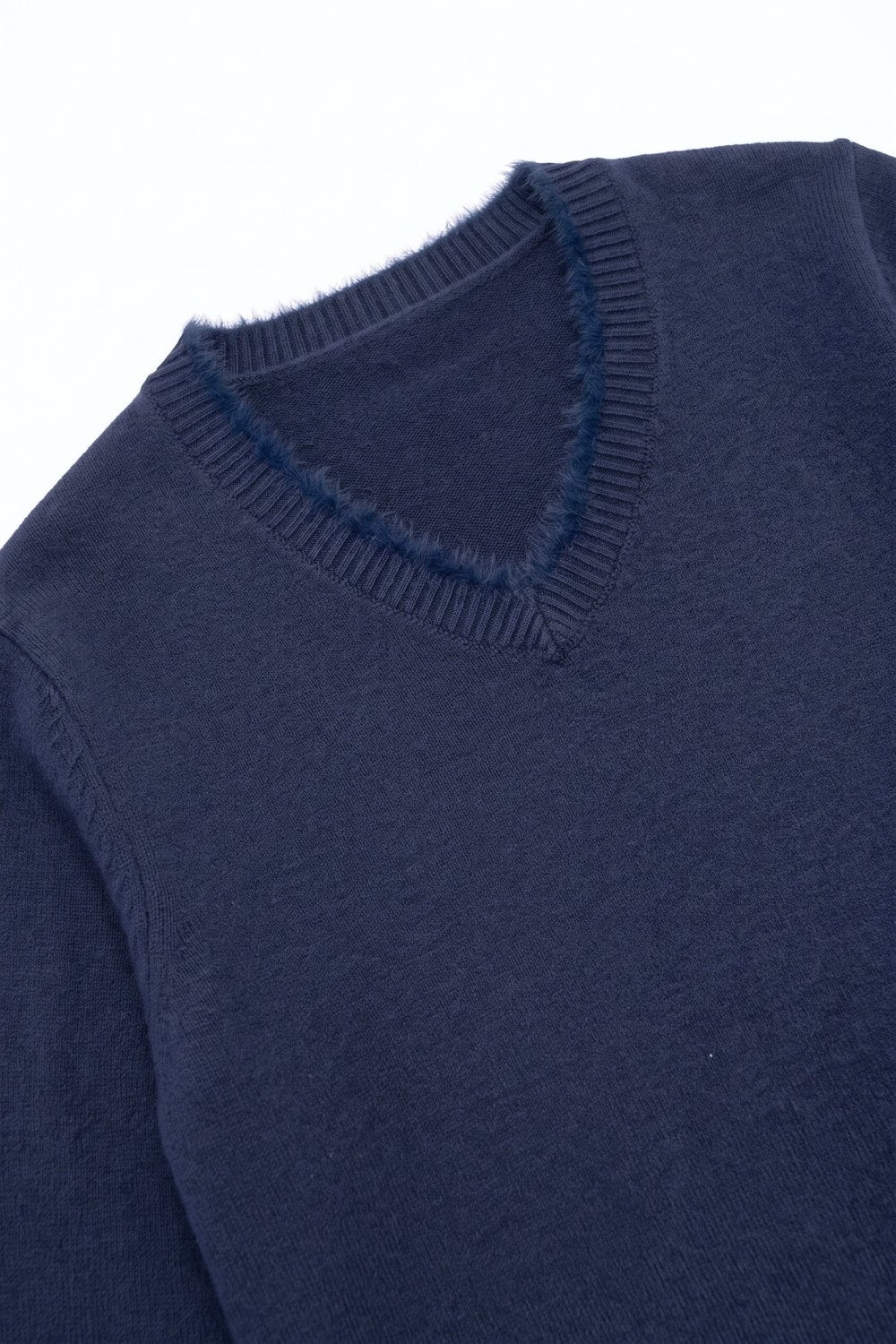 Navy V-Neck Sweater with Faux Fur Trim - Jumpers