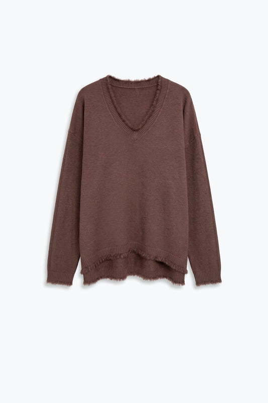 Brown V-Neck Sweater with Faux Fur Trim - Jumpers