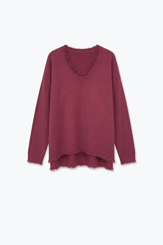 Burgundy V-Neck Sweater with Faux Fur Trim - Jumpers