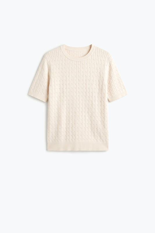 Cream Cable Knit Crew Neck Ribbed Short Sleeve Sweater - Tops