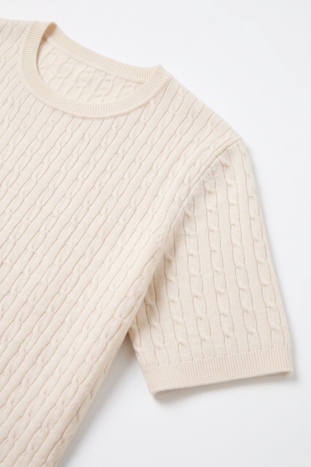 Cream Cable Knit Crew Neck Ribbed Short Sleeve Sweater - Tops