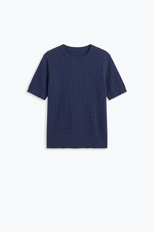 Navy Cable Knit Crew Neck Short Sleeve Sweater - Tops