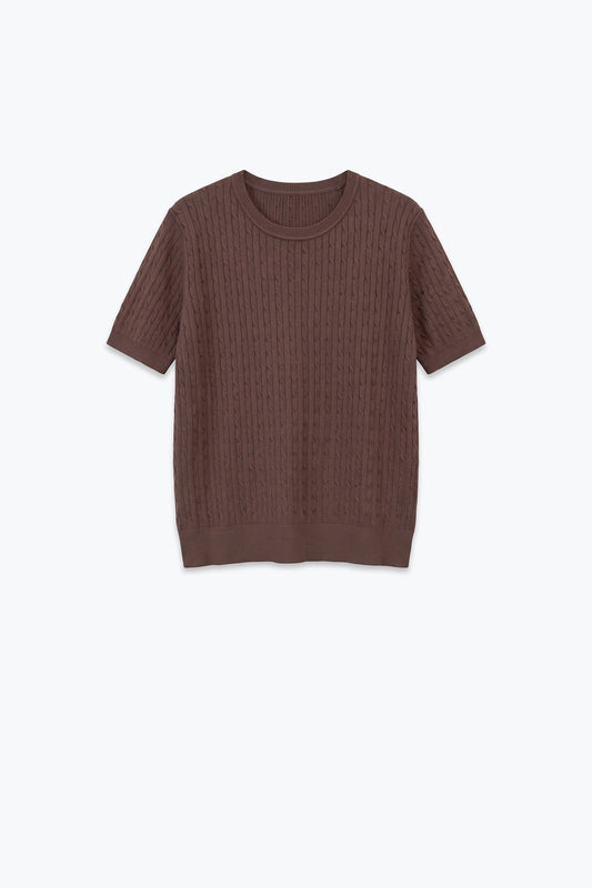 Brown Cable Knit Crew Neck Short Sleeve Sweater - Tops