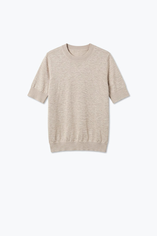Beige Merino Wool Blend Fine Knit Crew Neck Ribbed Trim Sweater - Jumpers