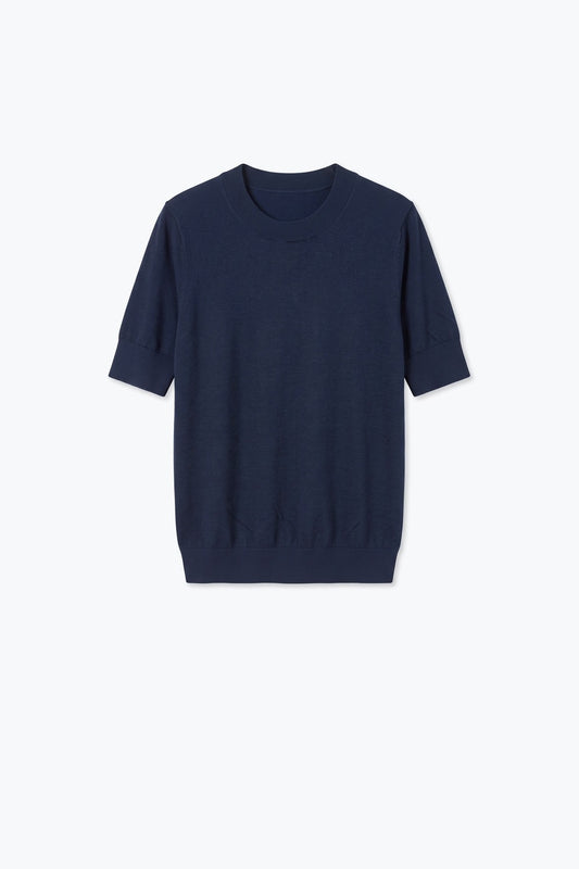 Navy Merino Wool Blend Fine Knit Ribbed Trim Short Sleeve Sweater - Jumpers