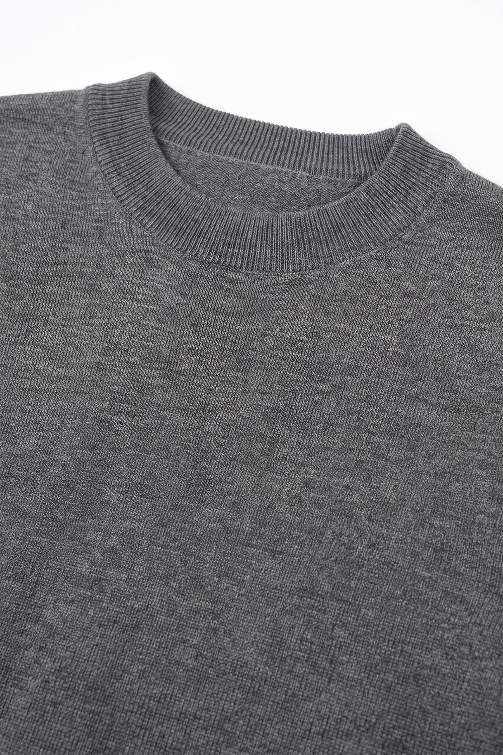 Grey Merino Wool Blend Fine Knit Ribbed Crew Neck Short Sleeve Sweater - Jumpers
