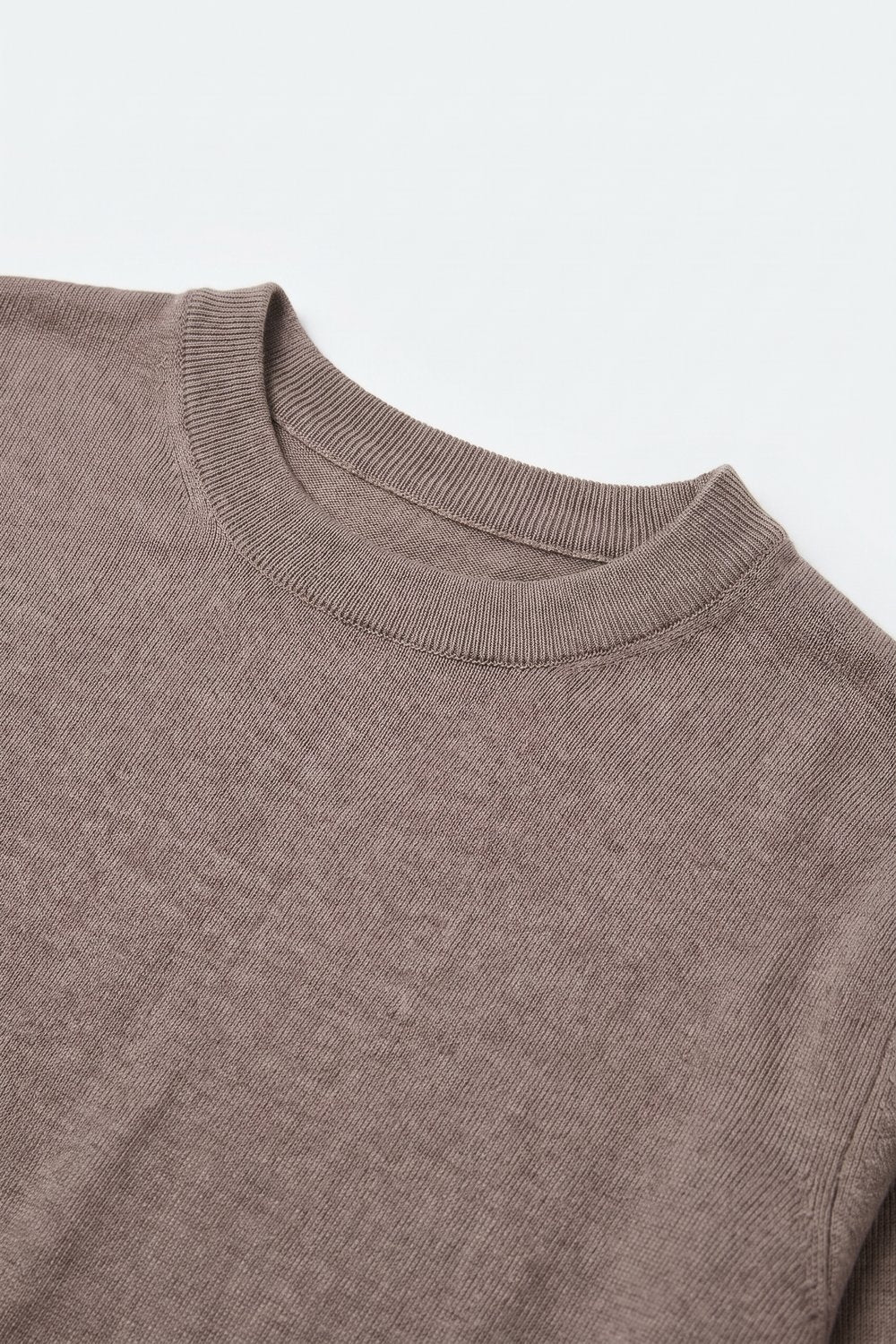 Powder Pink Merino Wool Blend Fine Knit Crew Neck Ribbed Trim Sweater - Jumpers