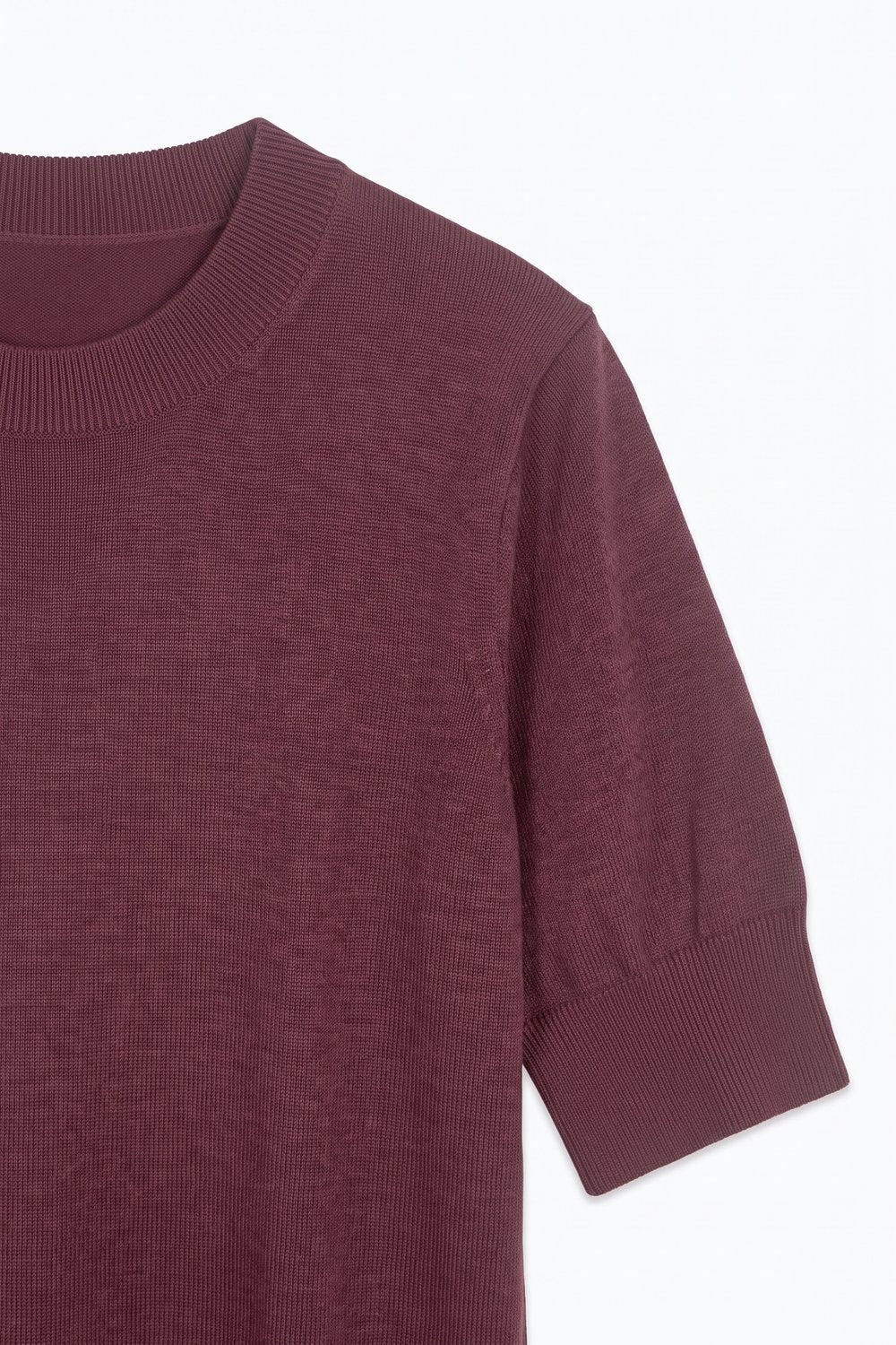 Purple Merino Wool Blend Fine Knit Crew Neck Short Sleeve Ribbed Trim Sweater - Jumpers