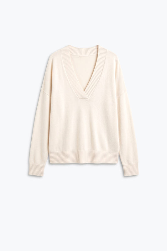 Beige Soft Knit Wide V Neck Rib Trim Relaxed Sweater - Jumpers