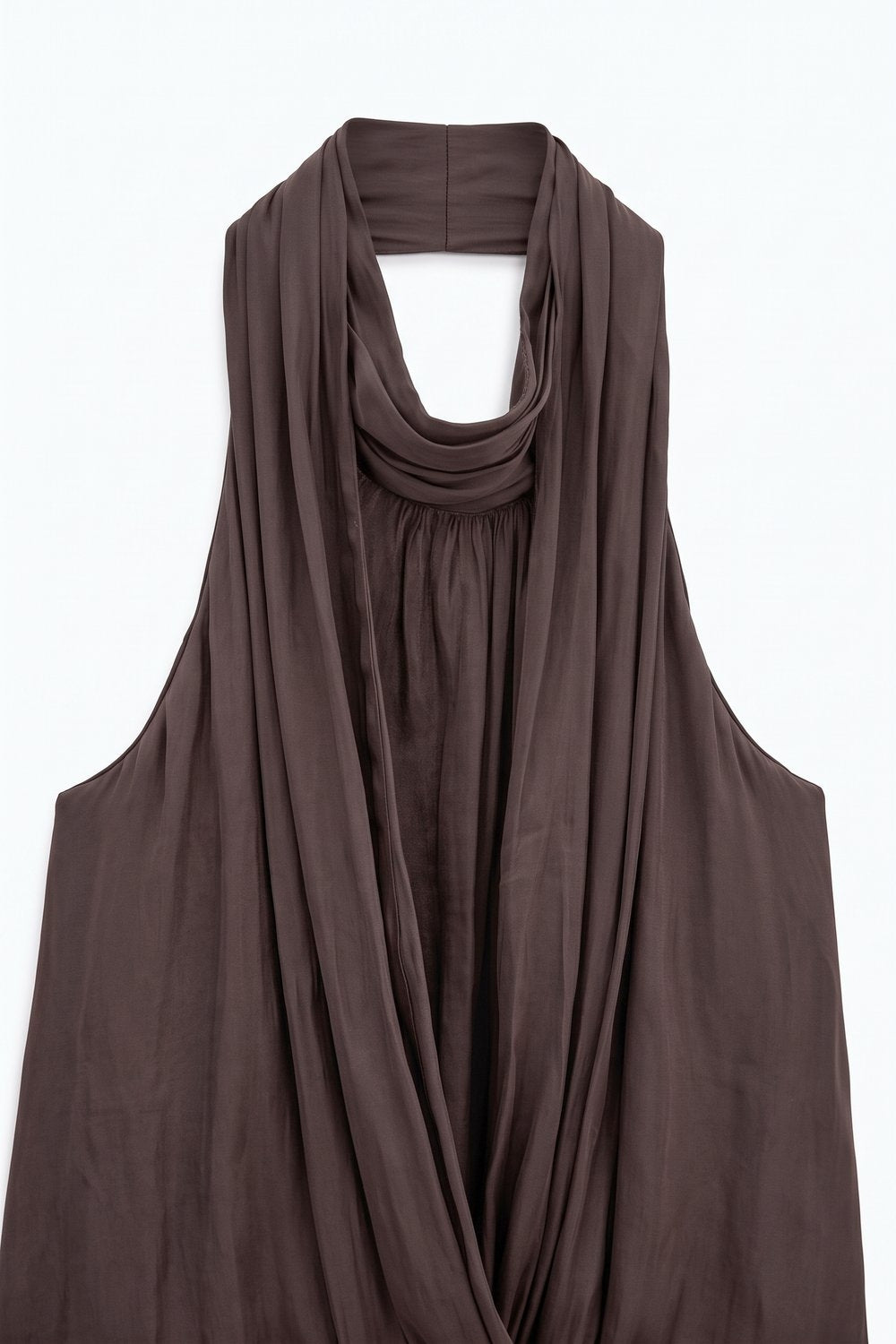 Brown satin Lightweight Woven Draped Halter Cowl Neck Top - top