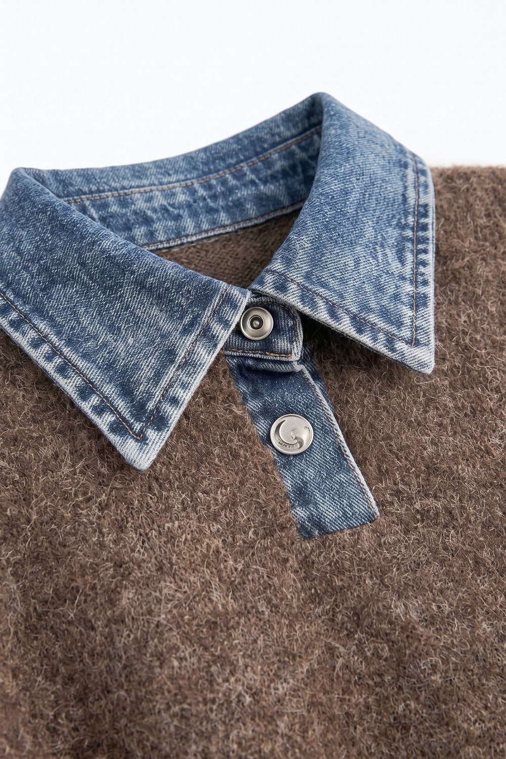 Brown Brushed Knit Denim Collar Button Placket Sweater - jumper