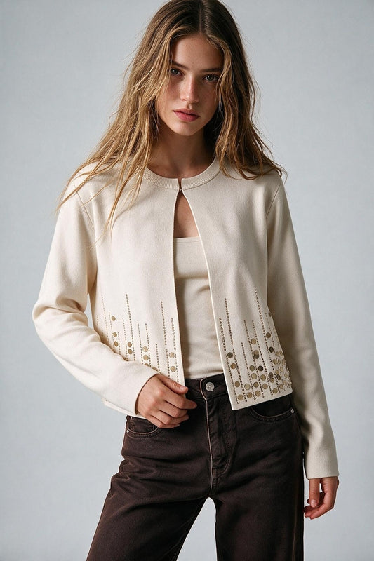 Cream Fine Knit Metallic Embellished Hem Cropped Cardigan - Cardigans
