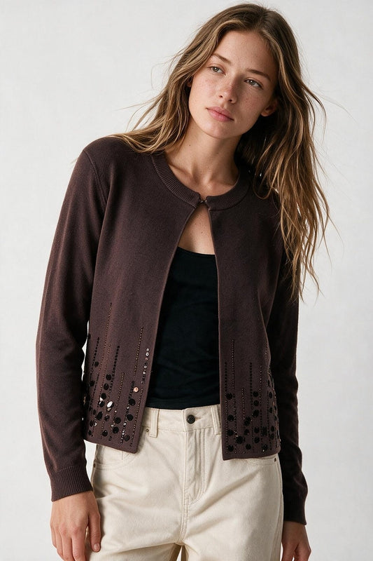 Brown Soft Knit Sequin Hem Hook Front Cardigan - Cardigans
