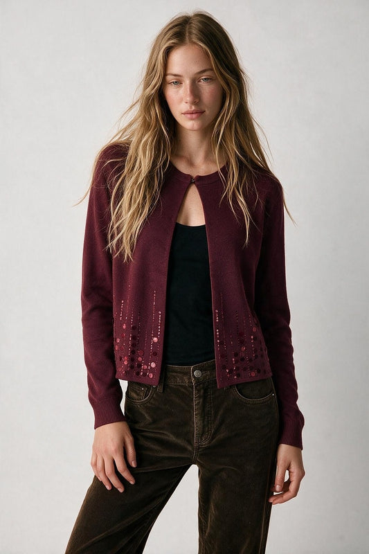 Burgundy Fine Knit Sequin Hem Open Front Cardigan - Cardigans