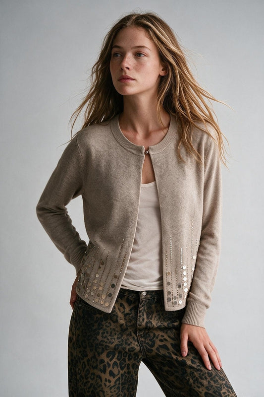 Beige Sequined Fine Knit Hook Front Long Sleeve Cardigan - Cardigans