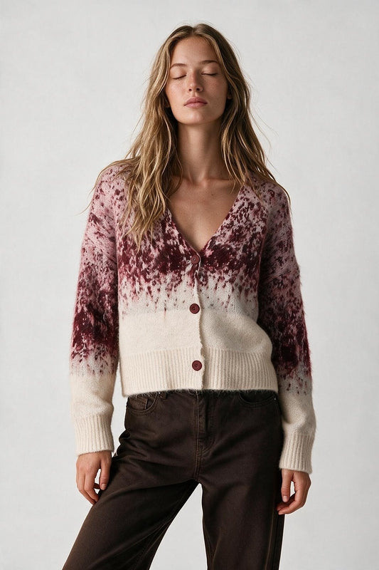 Cream Burgundy Ombre Fluffy Knit Button Cropped Cardigan Sweater - Cardigans