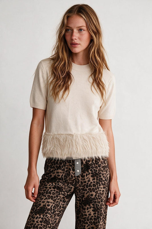 Cream Fine Knit Ribbed Crew Neck Fringe Hem Sweater - Tops