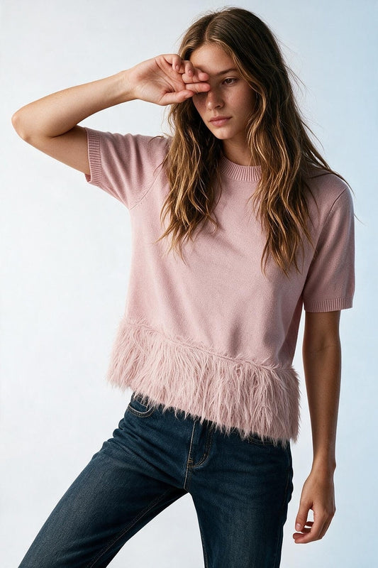 Light Pink Fine Knit Fringe Hem Short Sleeve Sweater - Tops