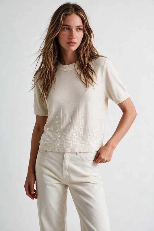 Cream Fine Knit Sequined Hem Short Sleeve Top - Tops