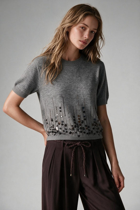 Grey Soft Knit Sequined Ribbed Crew Neck Top - Tops
